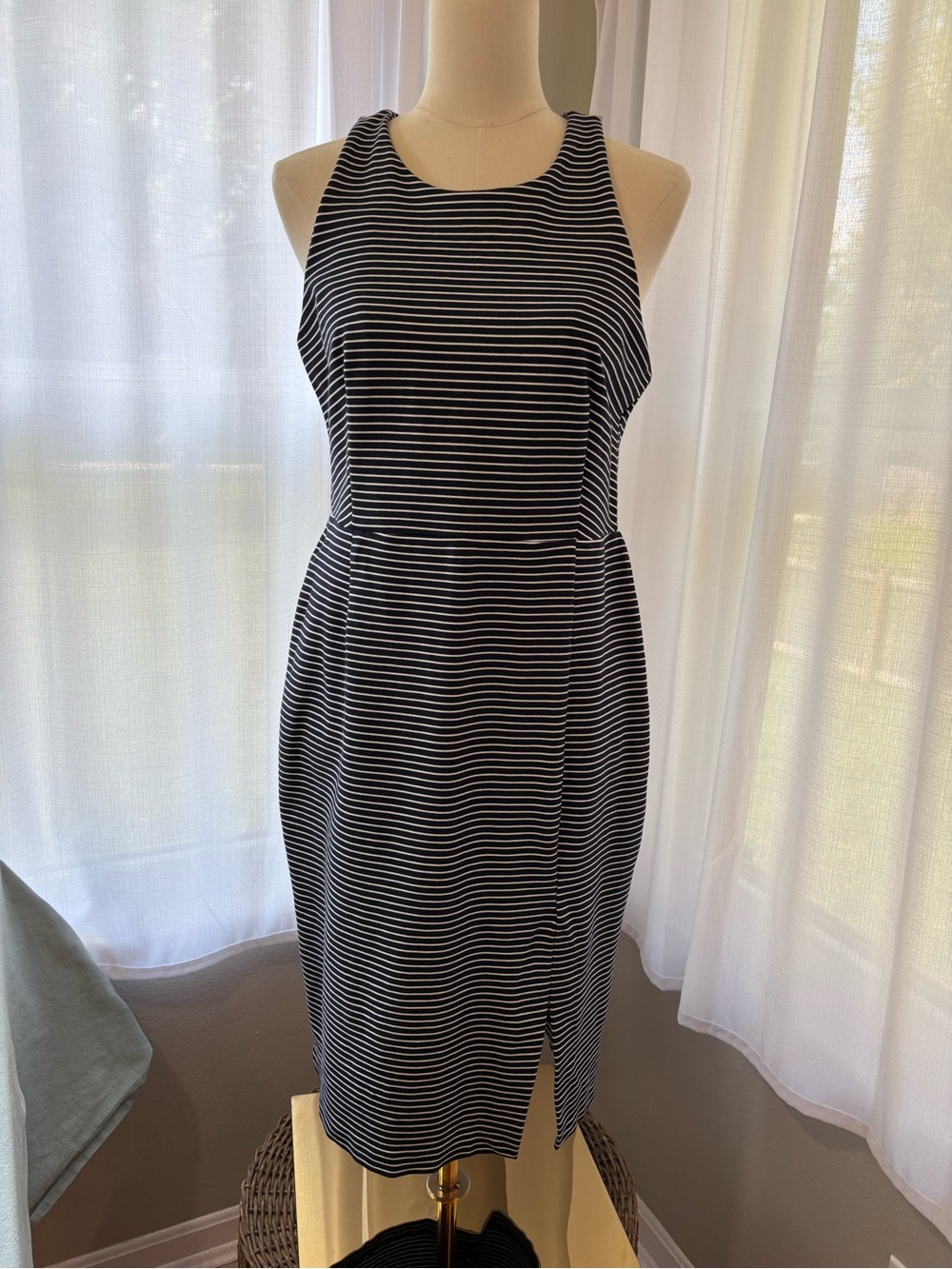 Banana Republic Deep Navy White Nautical Striped Midi Sheath Dress 10 Stretch